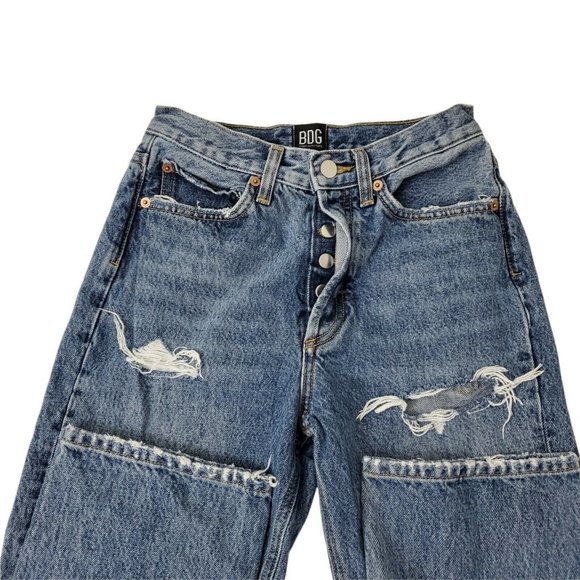 BDG Womens Jeans 24 Blue High Rise Relaxed Straight Button Fly Distressed Denim - Picture 3 of 10